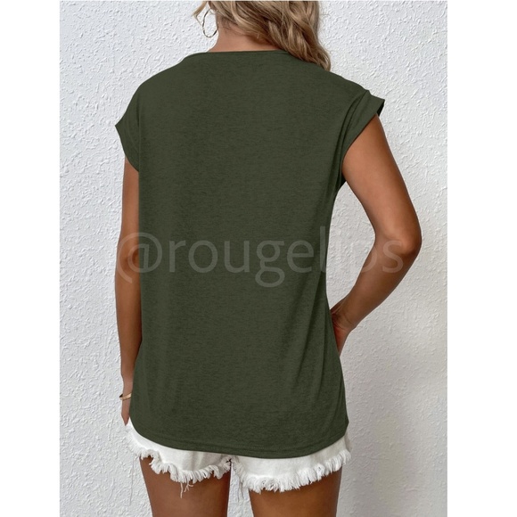 Army Green Crew Neck Muscle Tee Top Shirt Cap Sleeve, Round Neck - Picture 2 of 11